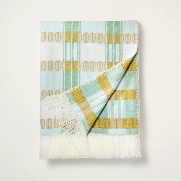 HEARTH & HAND Magnolia Cool Tone Plaid Fringe Throw Blanket